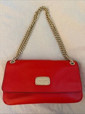 Michael Kors Hamilton Red Pebbled Leather Chain Shoulder Bag Gold Hardware